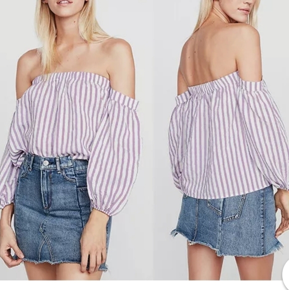 Express Off the Shoulder Purple Striped Balloon Sleeve Blouse S Petite - Picture 1 of 7